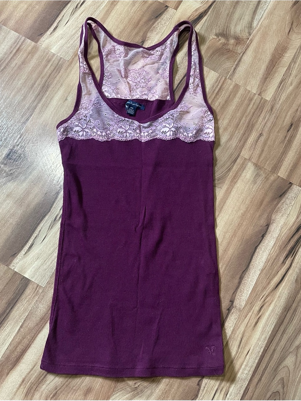 AE Y2K 2012 Plum Ribbed Cami with Pink Lace - Size Medium
